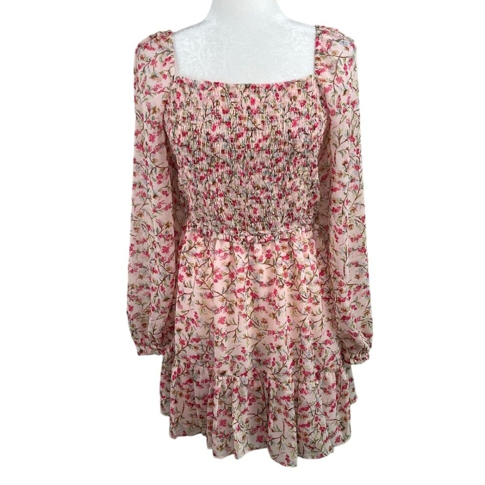 1.STATE Pink and Cream Mini Sundress with Bishop Sleeves